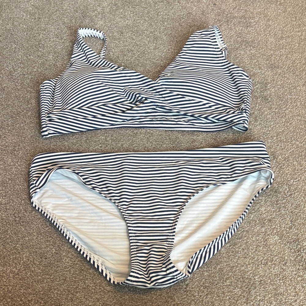 Striped Navy & White Bikini Set - Women's Swim